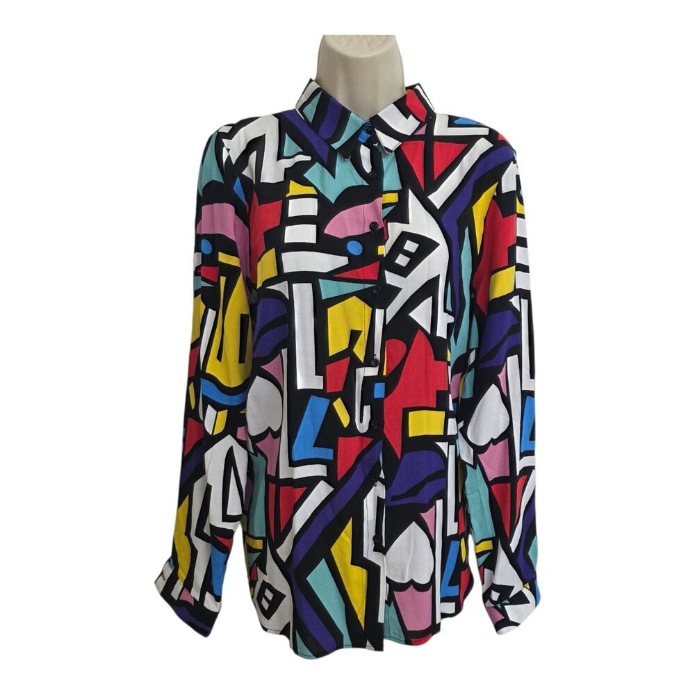 Big Dart Abstract Geometric Print Blouse Womens Button Front Multicolor Top 10